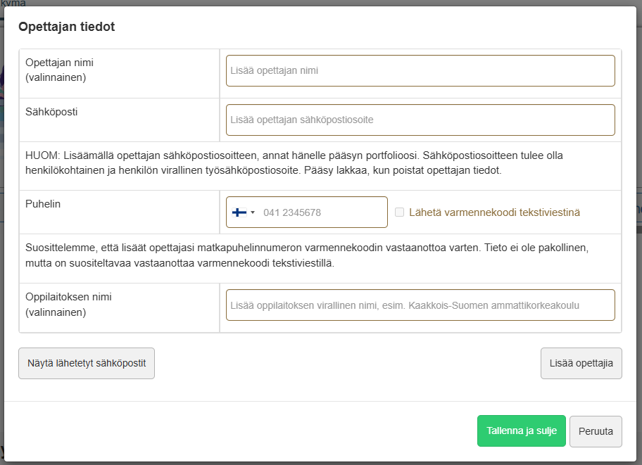 Kuvankaappaus opettajan tietojen lisäämisestä