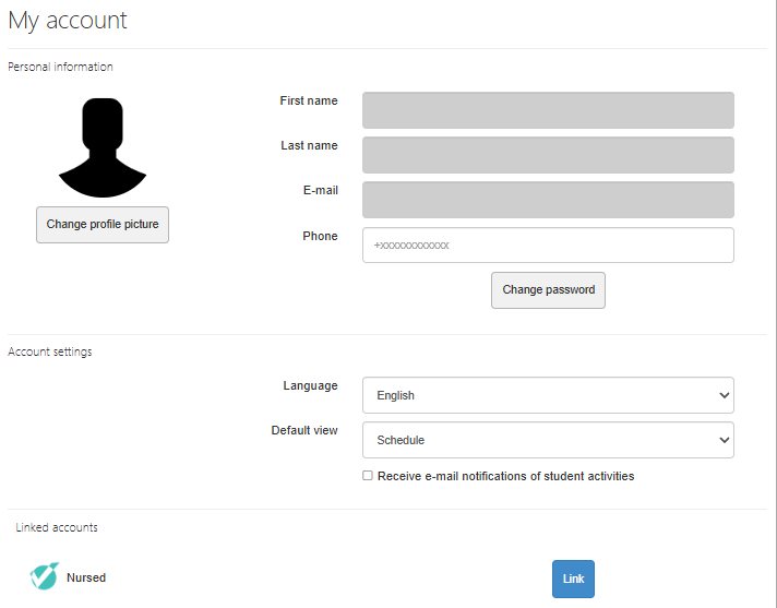 Screenshot of the "My account" settings, showing the option to change language, modify settings, and link a Nursed account at the bottom.

