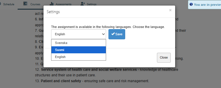 Screenshot of a window where the user can change the content language.