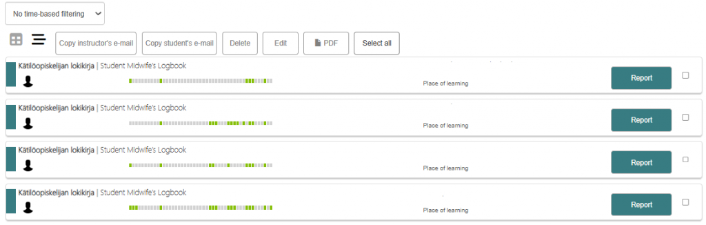 Screenshot showing a list of portfolios of students supervised by the teacher. The list includes the student's name, progress graphics, and a button to open the portfolio.