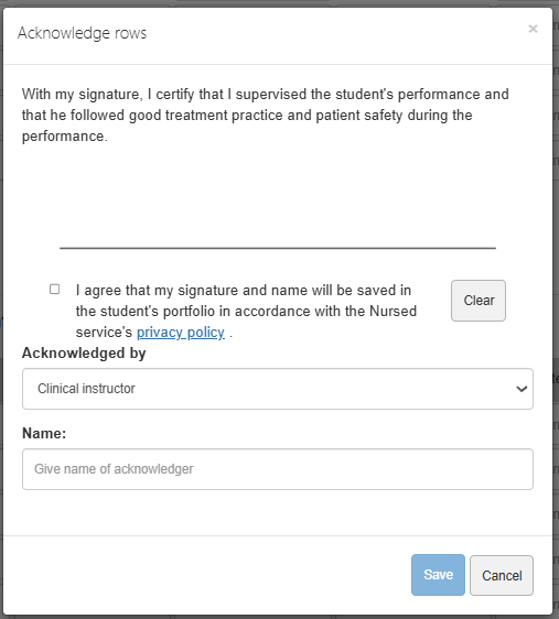 Screenshot of a window where a teacher or supervisor confirms the performance. The window contains a row that can be signed, for example, using a mobile device's touchscreen.

