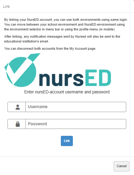 Screenshot of a window where the Nursed account username and password are entered to link the accounts.