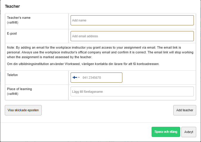 Screenshot of a window where the user enters the teacher's details, such as name, email, phone, and educational institution.