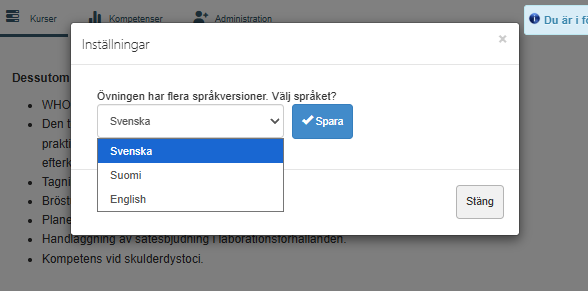 Skärmdump av ett fönster där användaren kan byta innehållsspråk.
