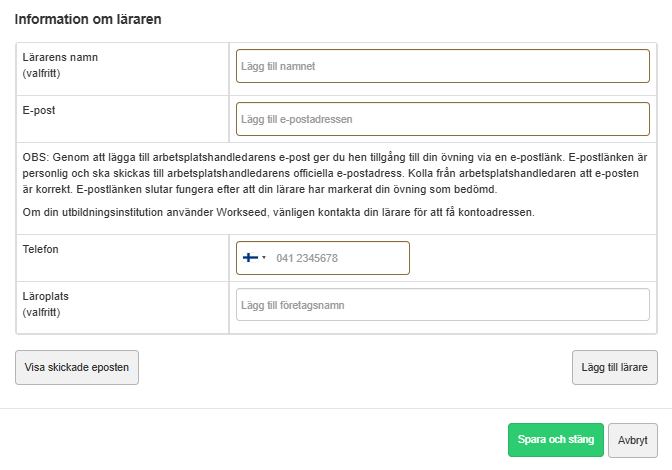 Skärmdump av ett fönster där användaren anger lärarens uppgifter, såsom namn, e-post, telefon och läroanstalt.

