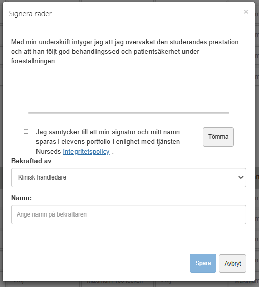 Skärmdump av ett fönster där en lärare eller handledare kan signera en arbetsinsats. Fönstret innehåller en rad där underskriften kan göras med hjälp av enhetens pekskärm.