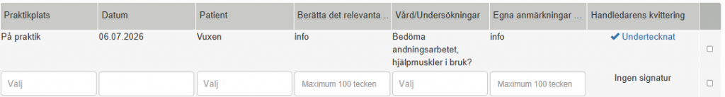 Skärmdump där arbetsinsatsen har markerats som kvitterad. I kolumnen "kvittering" finns ett "ok"-märke och texten "kvitterad".