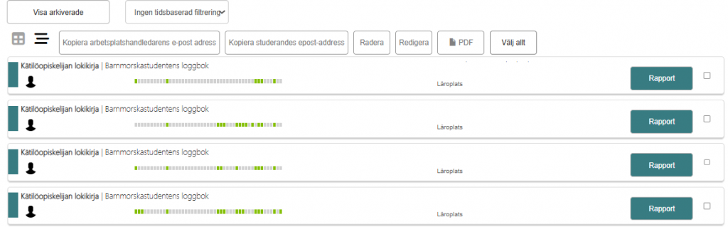 Skärmdump som visar en lista över portföljer för studenter som handleds av läraren. Listan innehåller studentens namn, grafik som visar framsteg och en knapp för att öppna portfolion.