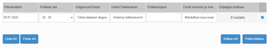Skärmdump av en arbetsinsats där dess datum och innehåll har angetts. Under den finns knappar för att lägga till, ta bort eller kvittera arbetsinsatsen.