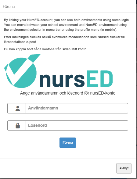 Skärmdump av ett fönster där användarnamnet och lösenordet för Nursed-kontot anges för att länka kontona.