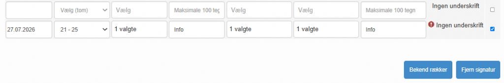 Skærmbillede, hvor oplysningerne for en enkelt arbejdspræstation er indtastet på en række. Rækken er valgt, og knappen med navnet "Kvitter rækker" er aktiv.