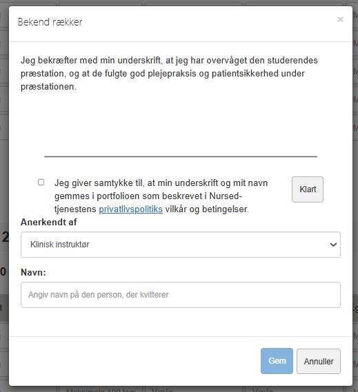 Skærmbillede af et vindue, hvor en lærer eller vejleder kan underskrive en arbejdspræstation. Vinduet indeholder en række, hvor underskriften kan foretages ved hjælp af enhedens berøringsskærm.
