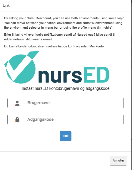 Skærmbillede af et vindue, hvor brugernavn og adgangskode til Nursed-kontoen indtastes for at linke konti.