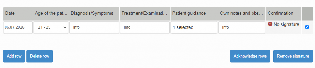 Screenshot where the details of a single work performance have been entered on a row. The row is selected and the button named "Confirm rows" is active.