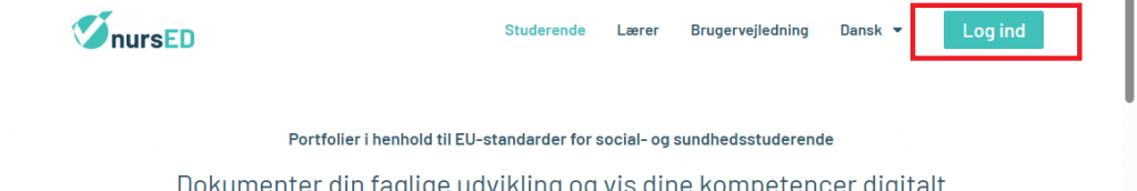 Skærmbillede af login-knappen på forsiden.