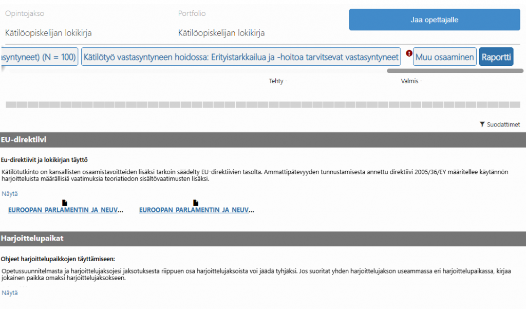 Kuvankaappaus raporttti -välilehdestä, joka on portfolion viimeinen sivu. Siinä näkyy edistymistä kuvaava kaavio ja sisällön yhteenveto.