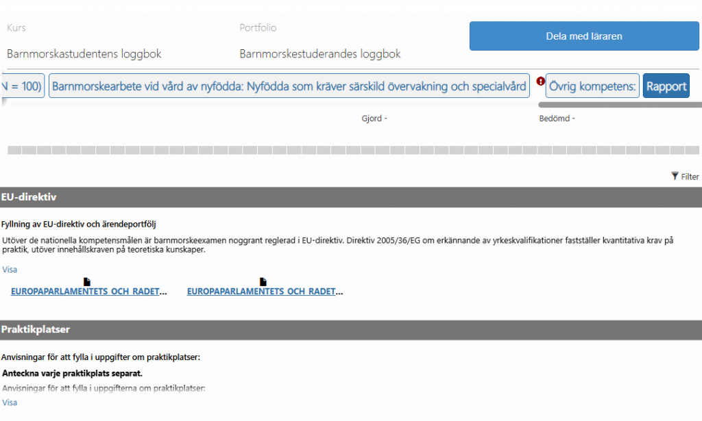 Skärmdump av fliken Rapport, som är portfolions sista sida. Den visar ett diagram som illustrerar framsteg och en sammanfattning av innehållet.

