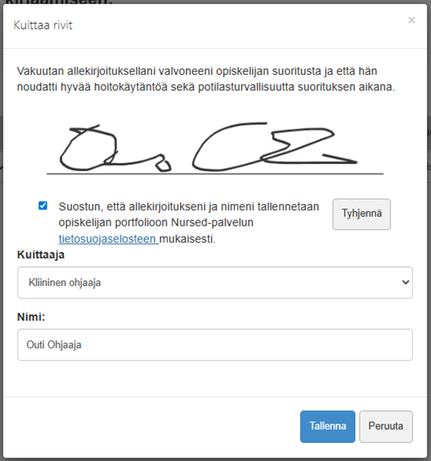 Kuvankaappaus ikkunasta, jossa opettaja tai ohjaaja kuittaa suoritteen. Ikkunassa on rivi, joka voidaan allekirjoittaa esimerkiksi mobiililaitteen kosketusnäytön avulla.
