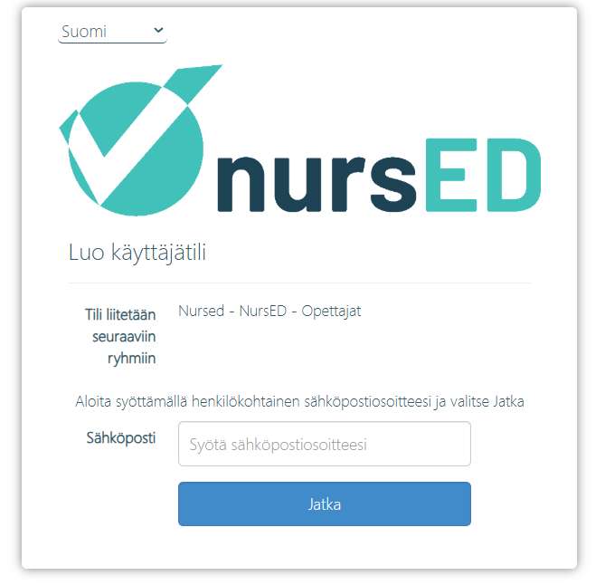 Kuvankaappaus opettajan rekisteröitymisnäkymästä.